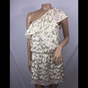 Glam one shoulder ruffle gold thread tunic dress